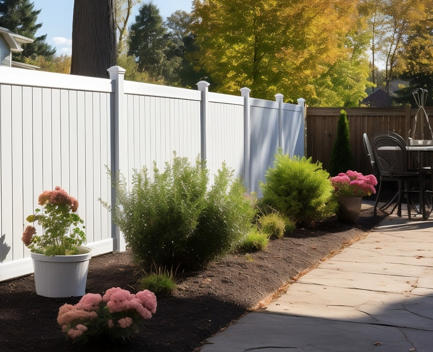 White vinyl fence alongside landscaping