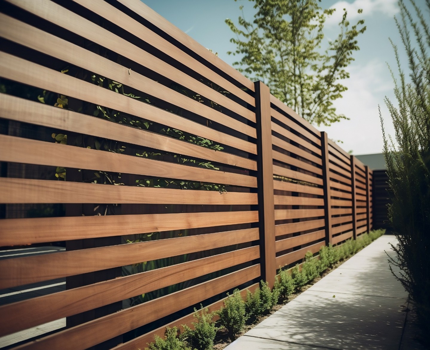 Horizontal wood fence next to sidewalk