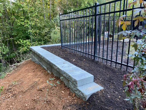 Black Aluminum -Three Rail Flat Top - Set on Retaining Wall