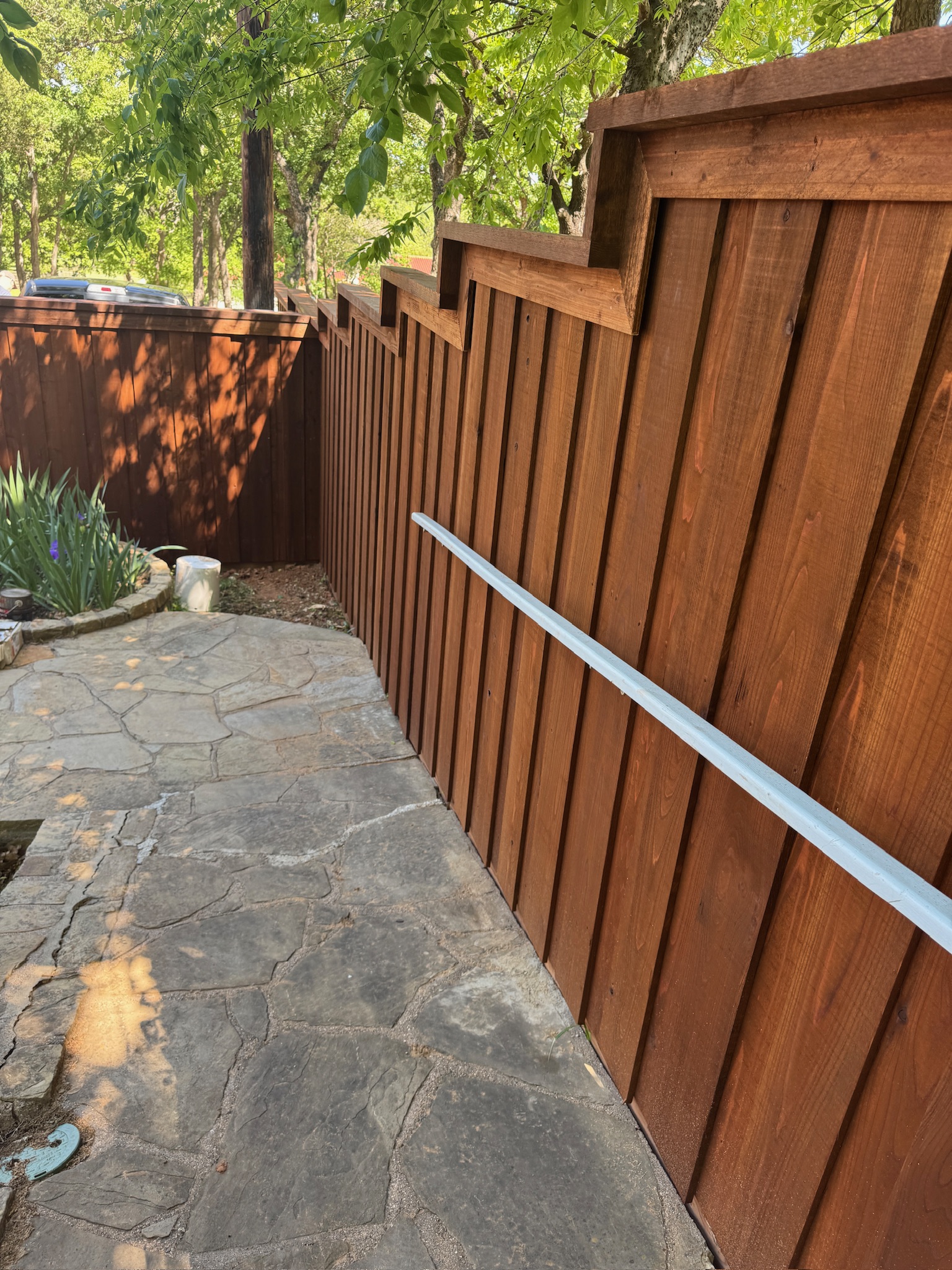 Denton - 6' board on board with cap and trim, custom Redwood stain