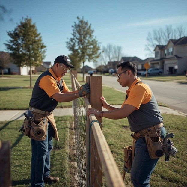 two men installing a fence
